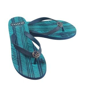 Coach Navy Blue and Teal Green Flip Flops with Medallion Sz 5/6 EUC Beach Summer
